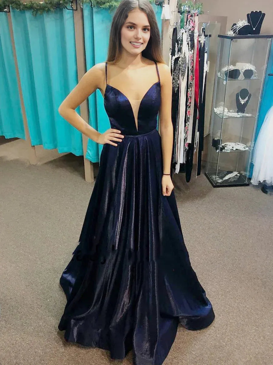 Vestido Weitese azul marino oscuro largo corte A escote en V satén espalda abierta vestidos formales de graduación